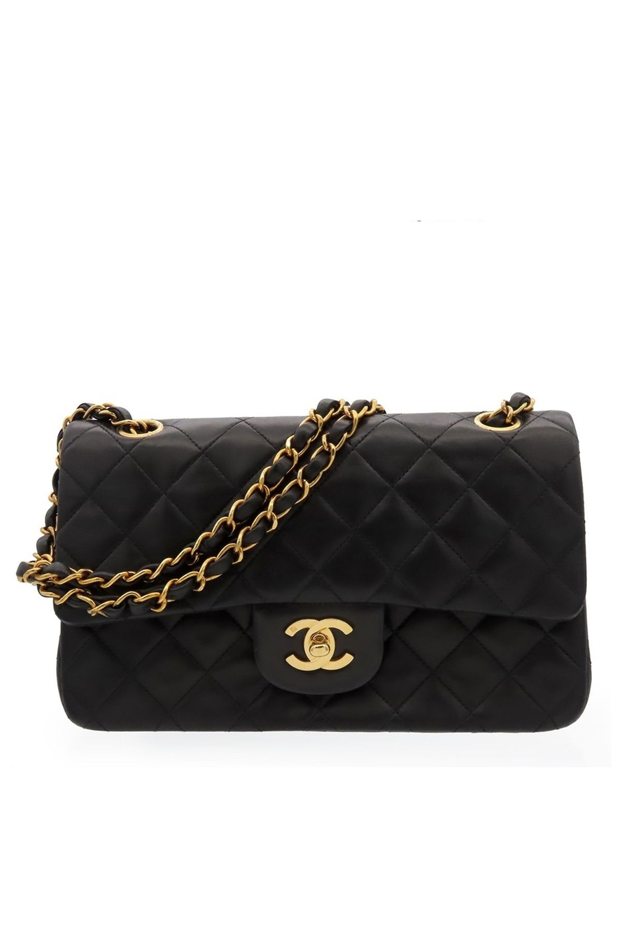 Chanel Black Gold Lambskin Quilted 23 Double Flap Chain Shoulder Bag Vintage